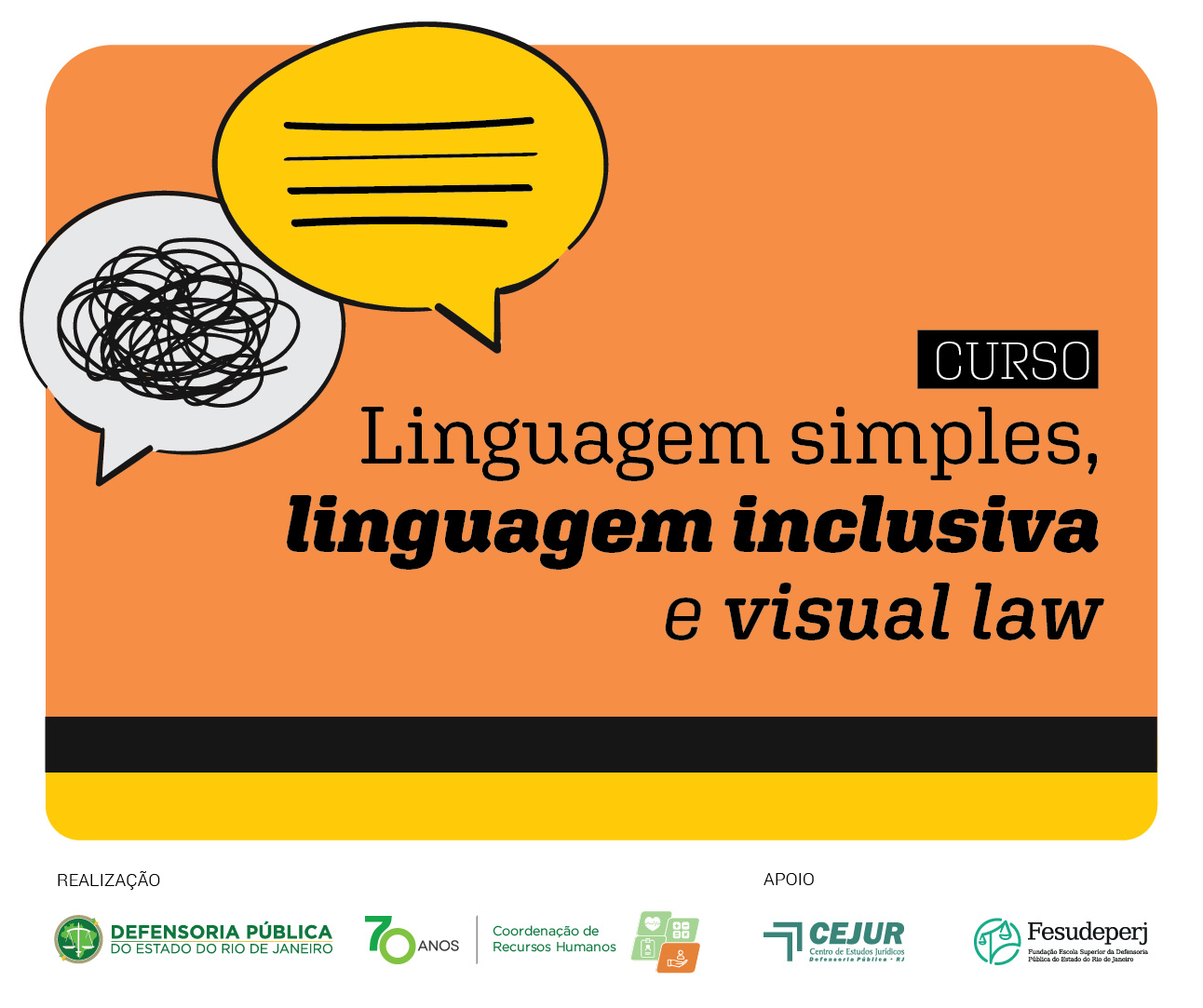 imagem ilustrativa sobre linguagem simples, inclusiva e visual law (direito visual) com fundo laranja e dois balões